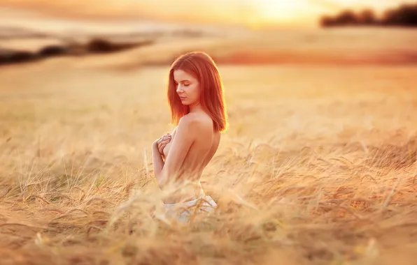 Field, landscape, Girl, Red