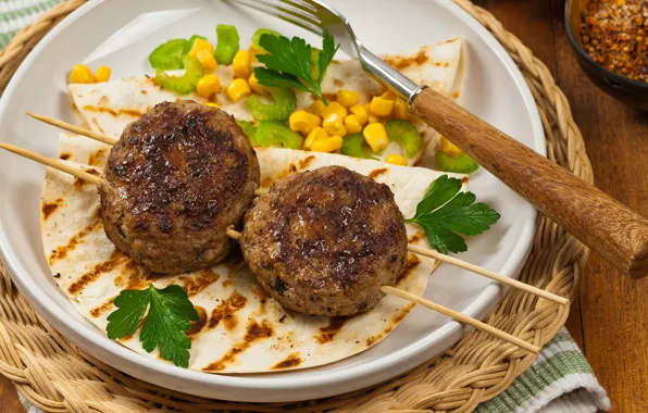 Corn, meat, dish, meatballs