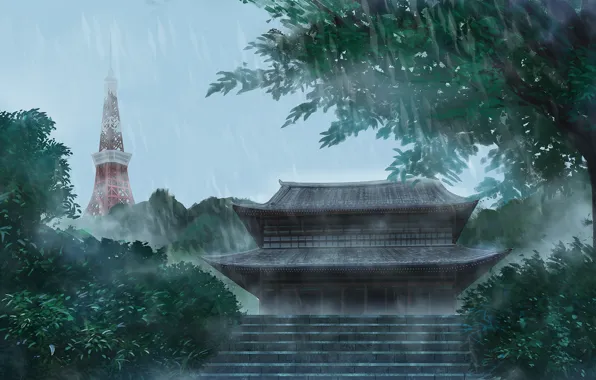 Trees, temple, the shower, Tokyo tower