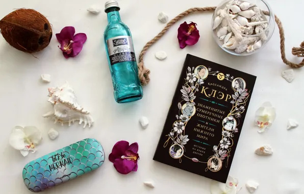 Summer, flowers, mood, coconut, book, shell, mineral water, Cassandra Clare