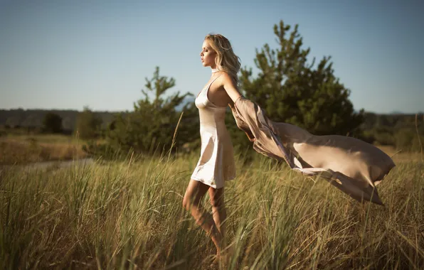 Grass, the sun, trees, pose, model, portrait, makeup, figure