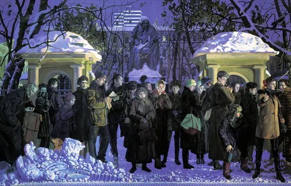 Winter, Snow, People, Picture, Stop, Monument, Soviet and Russian artist, Mikhail Shankov