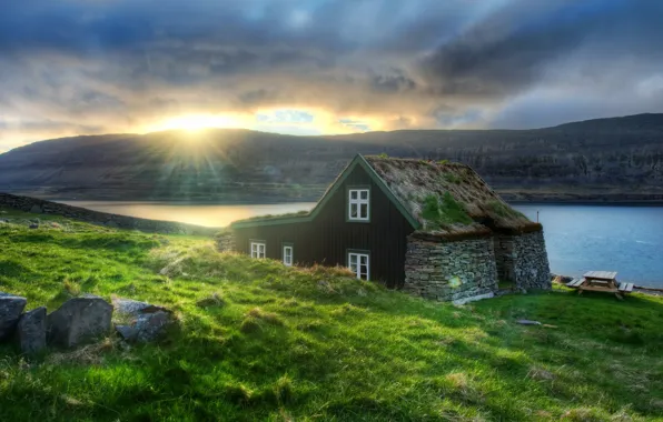 Picture the sun, house, river, Europe, Iceland, Iceland, Reykjavik