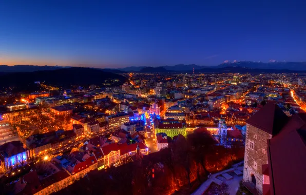 Mountains, lights, castle, home, Christmas, the evening, twilight, Alps