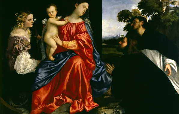Titian Vecellio, The Madonna and child, 1512-1516, St Dominic and a donor, St Catherine