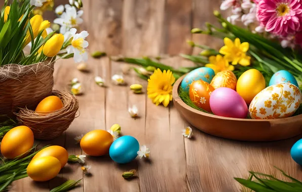 Flowers, eggs, spring, colorful, Easter, happy, flowers, spring