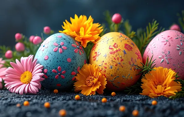 Flowers, eggs, spring, colorful, Easter, flowers, spring, Easter
