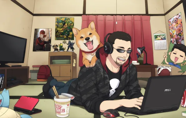 Dog, anime, headphones, art, glasses, laptop, kid room