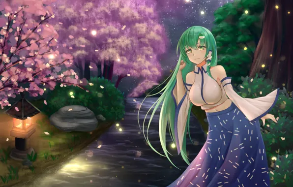 Girl, grass, sexy, blouse, long hair, trees, boobs, anime