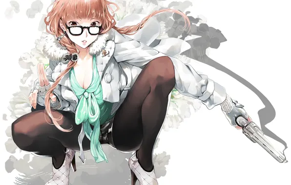 Picture girl, gun, weapons, figure, art, glasses, red, sitting