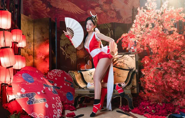 Sakura, brunette, fan, umbrellas, Asian, cosplay, girl posing, I put my foot out