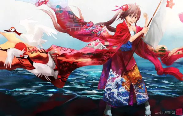 Picture sea, girl, anime, kimono