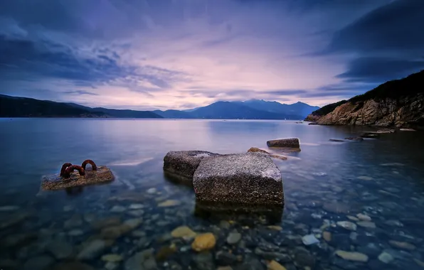 Picture transparency, mountains, lake, stones, dawn