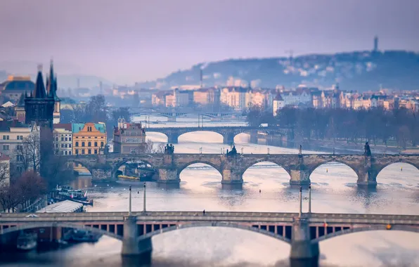 Picture the sky, bridge, river, tower, home, Prague, Czech Republic