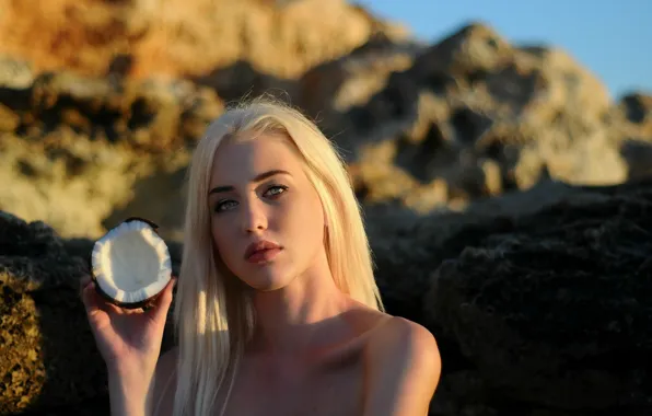 Girl, sunset, eyes, lips, beautiful girl, blonde, coconut