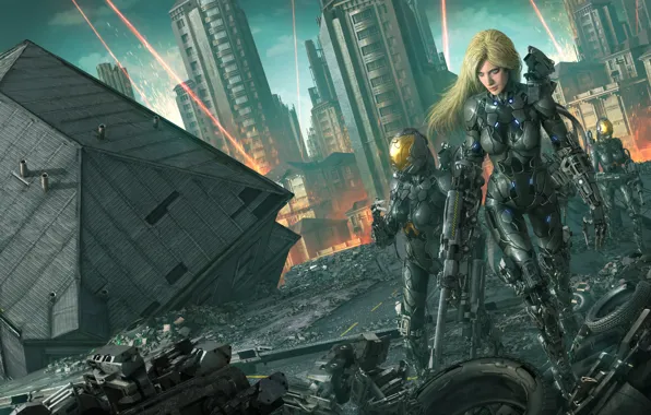 The city, house, fiction, war, robot, art, blonde, destruction