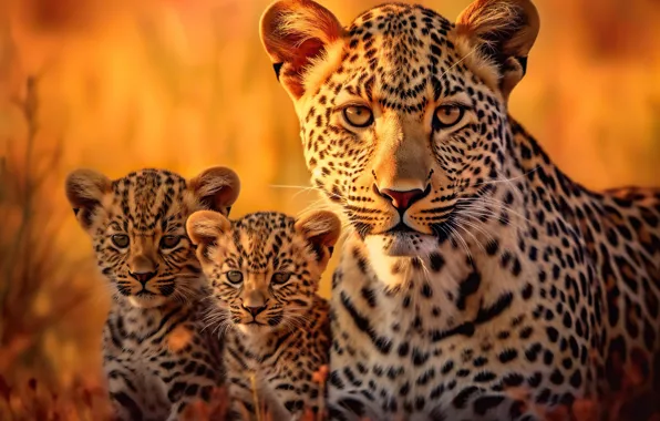 Look, light, nature, portrait, leopard, kittens, wild cats, orange background