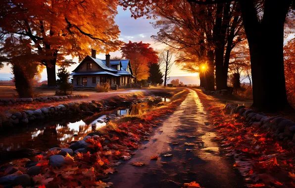 Road, autumn, the sun, trees, sunset, nature, house, stones