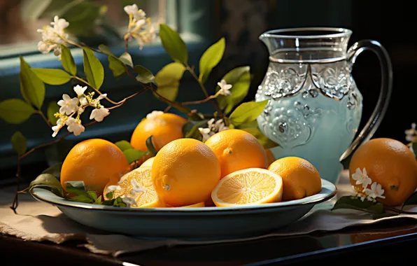 Leaves, light, flowers, branches, the dark background, table, oranges, window