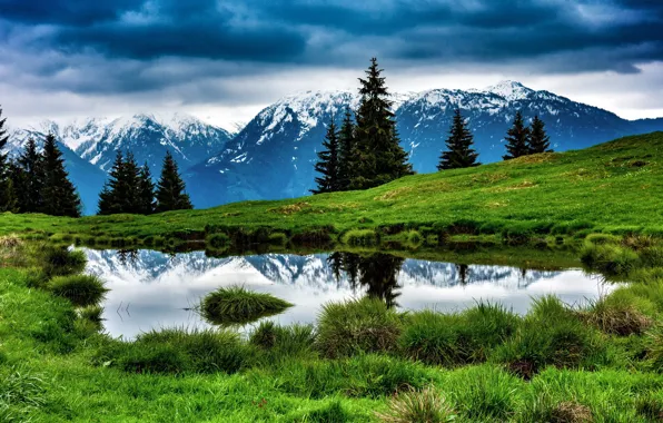 Picture forest, the sky, mountains, clouds, lake, reflection
