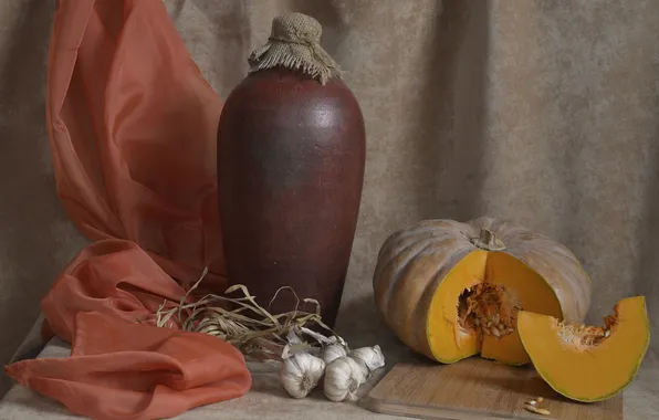 Fabric, pumpkin, pitcher, still life, garlic