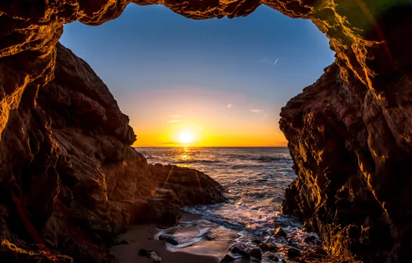 Picture wave, the sky, the sun, rays, sunset, stones, the ocean, rocks