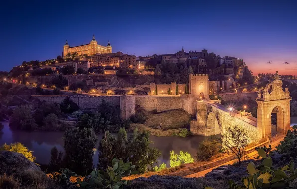 Night, the city, lights, castle, panorama, Spain, Toledo