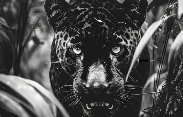 Picture Look, Leaves, Panther, Face, Predator, Digital art, Black and white, Big cat