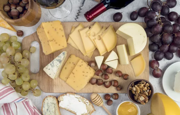 Table, wine, glass, bottle, food, cheese, bread, grapes