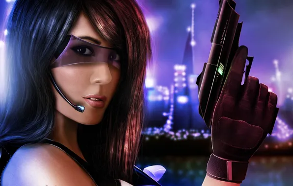Picture girl, the city, gun, weapons, art, glasses