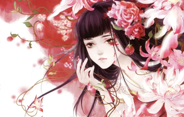 Picture girl, flowers, clothing, tears, art, Chinese, Mao Jun