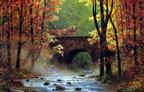 Autumn, forest, leaves, light, trees, bridge, nature, fog