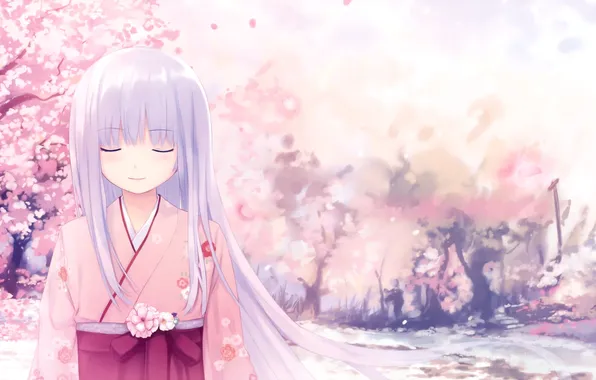 Girl, anime, Sakura, art, kimono, long hair, Coffee Kizoku