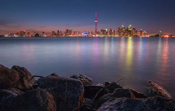 Night, the city, lights, lake, reflection, stones, Canada, Toronto