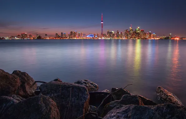 Picture night, the city, lights, lake, reflection, stones, Canada, Toronto