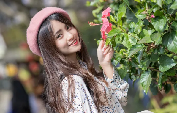 Picture girl, flowers, smile, Bush, spring, Asian, takes