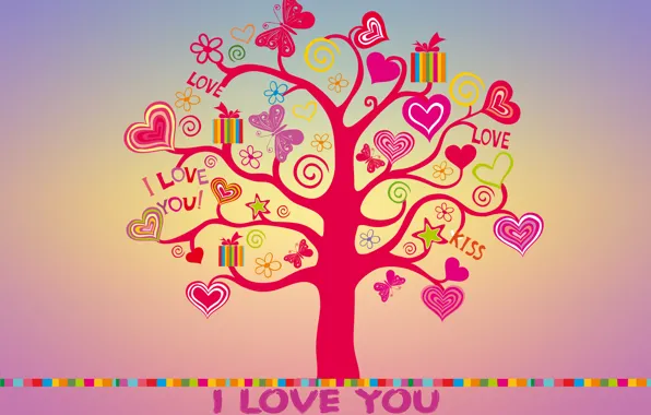 Love, tree, colorful, hearts, love, I love you, butterfly, background