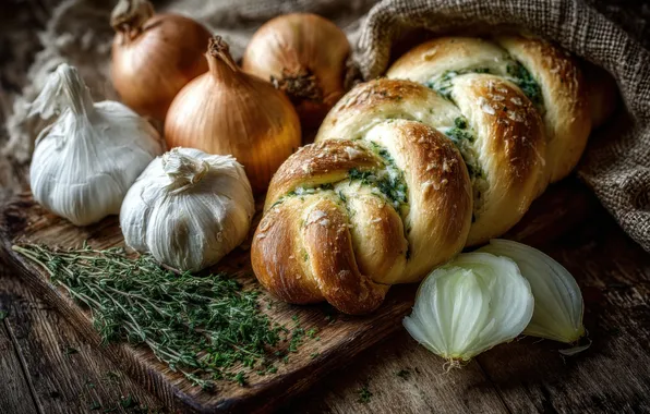 Greens, table, Board, bow, bread, braid, burlap, roll