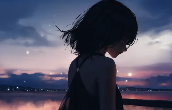Water, girl, twilight, city lights, NIXEU