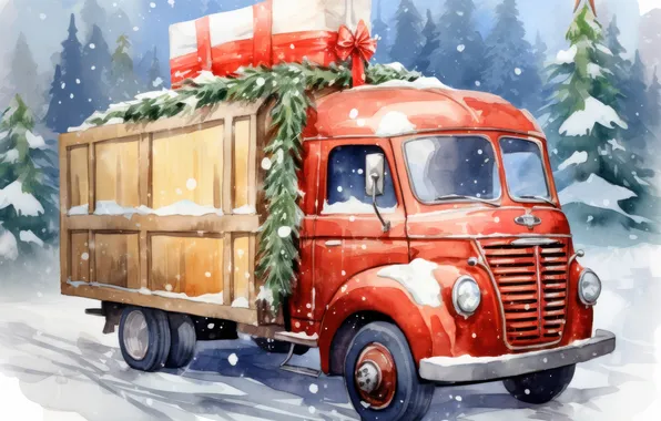 Winter, road, machine, forest, snow, branches, red, gift