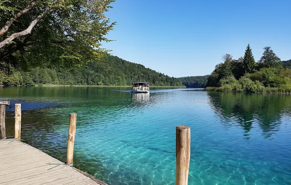 Forest, summer, nature, pier, ferry, Croatia, Lake Kozyak, Plitvice Lakes National Park
