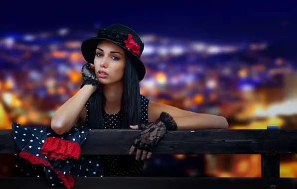 Girl, pose, style, background, brunette, hat, long hair, mitts