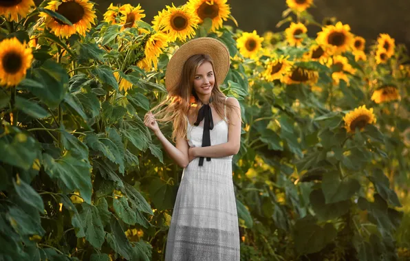 Field, summer, girl, sunflowers, smile, mood, hat, Anastasia Barmina