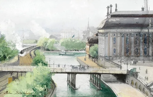 Bridge, the city, river, street, the building, railroad, Stockholm, ann palm