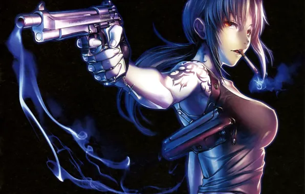 Girl, gun, smoke, anime, art, cigarette, tattoo, black lagoon