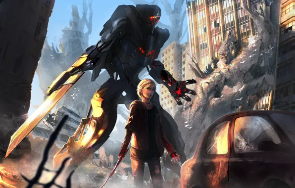 Picture machine, girl, the city, weapons, robot, sword, art, ruins