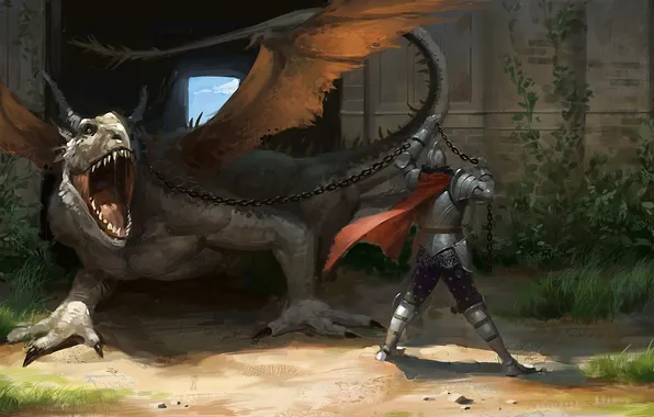 Dragon, the building, people, art, chain, cloak, building, armor