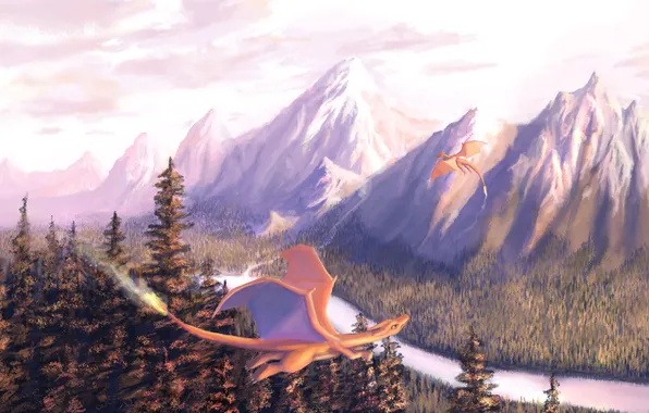 Picture forest, flight, mountains, river, dragons, art, in the sky