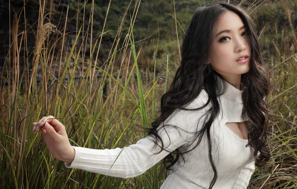 Grass, look, girl, nature, face, hair, Asian