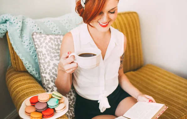 Picture girl, smile, cookies, mug, Cup, red, macaron